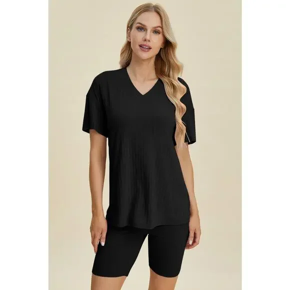 BASIC BAE Plus Black Ribbed V-Neck Short Sleeve Top Shorts Set NEW - Picture 1 of 6